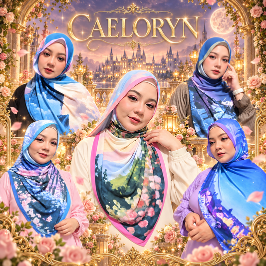 Sistas X'quizit Closet Caeloryn semi-instant shawl in flowy Korean premium chiffon with colorful landscape print.